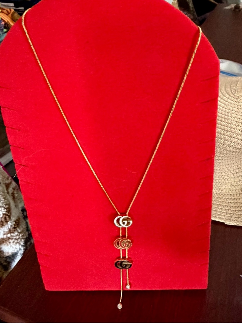 Gold Tone Drop Pendant Necklace - w/ small hanging rhinestones, FashionJewelry